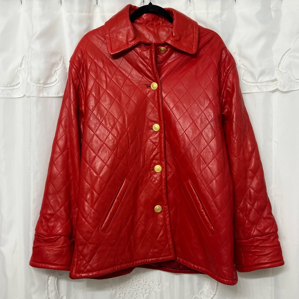 Vintage Vakko Red Quilted Genuine Leather Jacket Gold Buttons XS Oversized